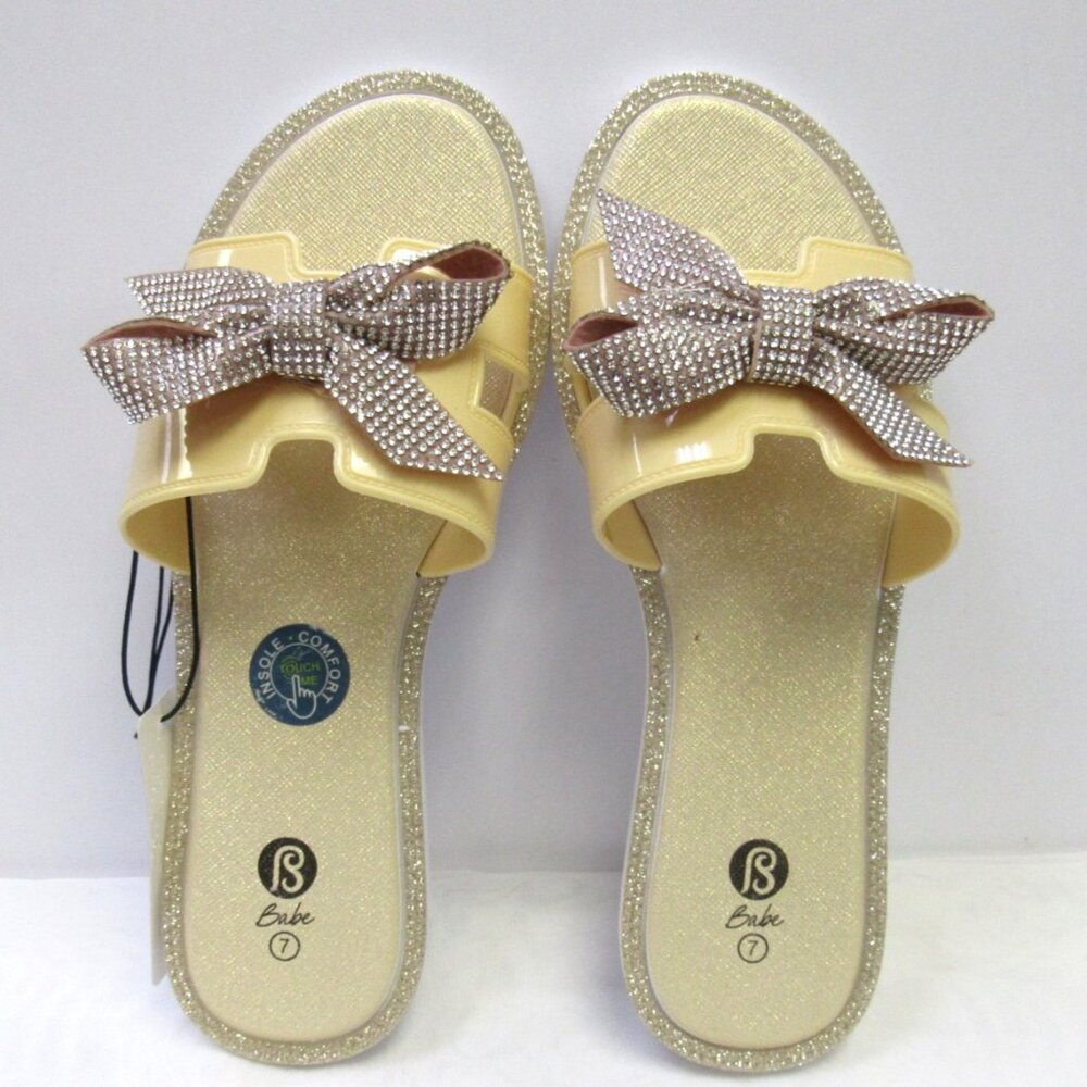 Gold Embellished Bow Design Dressy Summer Sandals Slides Various Sizes NWT